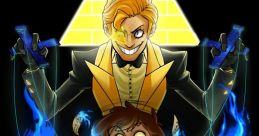 Bill Cipher controls Strange with blue flames, showcasing a dramatic, mystical scene in a vibrant, dark background.