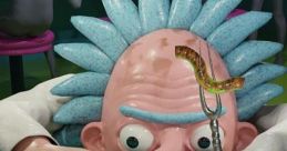 Rick from "Rick and Morty" experimenting in a strange setting with colorful concoctions and bizarre creatures.