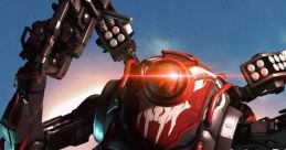 Viper from Titanfall 2, showcasing its sleek design and intense red accents, soaring through a blue sky background.