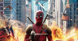 Deadpool stands boldly in a chaotic cityscape, showcasing action-packed scenes from Deadpool 3 with humor and adventure.