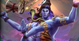 Vibrant depiction of Shiva with a trident and damru, embodying cosmic dance and divine energy.