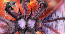 Ghidorah towers menacingly with three heads, wings spread, against a fiery backdrop of lightning and city ruins.