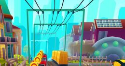 “Subway Surfers character dodges trains and collects coins in a vibrant city landscape filled with colorful buildings.”