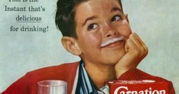 Vintage Carnation ad showcasing 'Magic Crystals' for instant delicious nonfat milk, highlighting flavor and convenience.