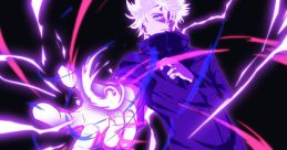 Dynamic character wielding Hollow Purple energy with vibrant purple and pink effects against a dark background.