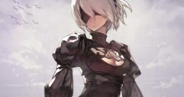 Amoled 2B stands ready with her sword in a post-apocalyptic setting, showcasing the iconic Nier aesthetic and style.