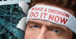 Dynamic character advocating for immediate decisions, featuring a motivational headband, in a vibrant digital context.