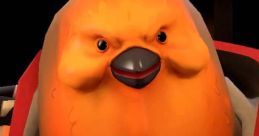 Vibrant orange character with a cheeky expression, wearing a red cape, embodying the quirky spirit of "Pootis.