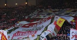 Liverpool FC players celebrate with fans showing vibrant banners and flags during a match, showcasing football culture.