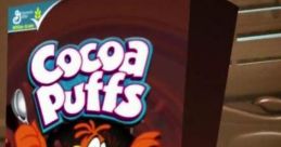 Colorful Cocoa Puffs cereal box with mascot; a vibrant display of chocolatey puffs and a playful character inviting enjoyment.