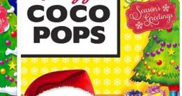 Kellogg's Coco Pops festive ad featuring a cheerful mascot in a Santa hat, surrounded by holiday decorations and gifts.