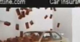 Dynamic Direct Line advert featuring a car amidst flying bricks, showcasing car insurance options and coverage features.