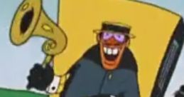 Colorful animated character driving a retro car, holding a horn, with a cheerful expression and playful vibe.