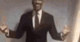 Man wearing a suit joyfully gesturing, embodying the essence of a "Goofy Ahh Laugh" moment with a big smile.