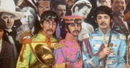 The Beatles in colorful outfits with a drum reading "Sgt. Pepper's Lonely Hearts," capturing iconic music history.