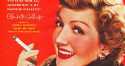 Claudette Colbert promotes Chesterfield cigarettes in a vintage advertisement with bold colors and elegant style.