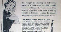 Vintage Hoover advertisement highlighting a range of cleaning appliances: cleaner, washing machine, and polisher.