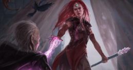Sorceress unleashes Eldritch Blast, a vibrant purple energy, against a shadowy figure in a mystical, dark setting.