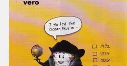Frosted Mini-Wheats mascot holds a globe, promoting nutritious cereal with a fun historical twist in vibrant colors.