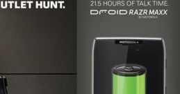 Motorola DROID RAZR MAXX ad highlighting 21.5 hours of talk time with a vibrant battery graphic and sleek design.