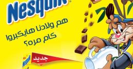 Nesquik chocolate drink advertisement featuring playful character pouring milk, surrounded by vibrant yellow and chocolate elements.