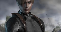 Leon Kennedy poses confidently in a tactical outfit, set against a dark, atmospheric backdrop.