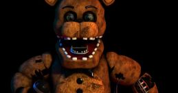 A weathered animatronic bear holding a microphone, showcasing damaged features, embodies the eerie vibe of FNAF jumpscares.
