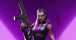 Reyna from Valorant, wielding a rifle, exuding confidence against a vibrant purple backdrop.