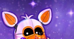 Colorful robotic character Lolbit with a playful appearance, featuring purple accents against a sparkling background.