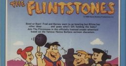 Classic Flintstones arcade advert featuring Fred, Wilma, and Barney, promoting "Bowl or Bust" game adventure.