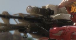 Master Chief in red armor takes aim with a sniper rifle in a rocky battlefield, embodying iconic Halo 2 kill lines.