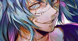 Mahito with striking blue hair, showcasing his sinister smile and unique features in a vibrant, dynamic art style.