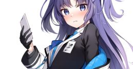 Character from Blue Archive wearing a stylish black and white outfit, holding a phone, with long purple hair and a determined look.