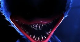 Sinister character from Poppy Playtime with sharp teeth, glowing eyes, and an eerie smile, set against a dark background.