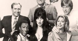 Elvira and cast from the classic "Elvira TV Show," showcasing iconic characters in a lively ensemble portrait.