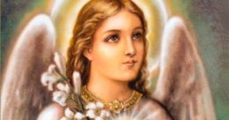Angel with golden chalice and flowers, radiating light, symbolizing faith and spirituality in a heavenly portrayal.