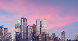 Stunning New York City skyline at dusk, featuring glowing lights and reflections on the water for a captivating urban view.