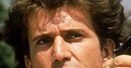 Martin Riggs from Lethal Weapon aiming a gun, cigarette in mouth, showcasing his intense character and 80s action style.