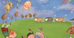 Playful scene depicting children and whimsical characters from nursery rhymes dancing and enjoying a vibrant landscape.
