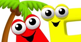 Playful red letter "A" and yellow letter "E" with big eyes against a beach background, perfect for learning the alphabet.