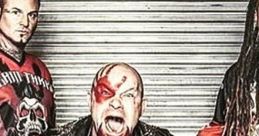 Five Finger Death Punch members posing fiercely, showcasing their signature style and intense energy. Heavy metal vibes.