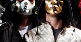 Hollywood Undead members in distinctive masks, showcasing their unique style and energy in a vibrant, urban setting.