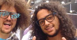 Two performers showcasing LMFAO-inspired fashion and accessories, with energetic poses and vibrant styles.