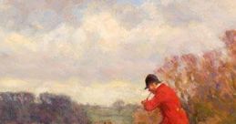 Quorn Hunt scene with a rider in red on horseback, accompanied by hounds, in a picturesque countryside landscape.