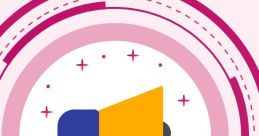 Megaphone graphic symbolizing announcements, surrounded by playful circular design elements and sparkles.