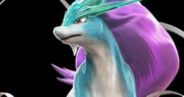 Suicune, the legendary water Pokémon, with striking blue and purple fur, exuding grace and majesty against a black background.