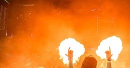 DJ performing at a vibrant electronic music festival, surrounded by flames and an energetic crowd under city lights.