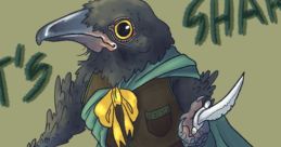 A fierce anthropomorphic crow character dressed in a cloak, wielding a knife, exuding a whimsical charm.