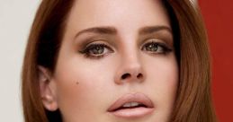 Lana Del Rey with natural makeup, showcasing her striking features and iconic style against a minimalist background.