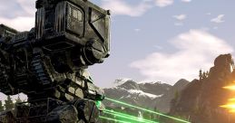 A battle-ready mech fires green lasers in a vibrant, scenic landscape, showcasing high-stakes gameplay and action.